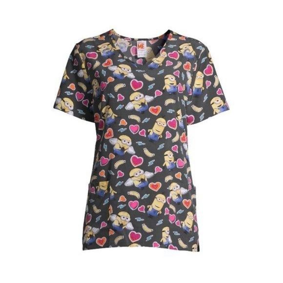 Scrubstar Despicable‎ Me Minions V-Neck Scrub Top Size Medium Valentine’s Day - Picture 1 of 9